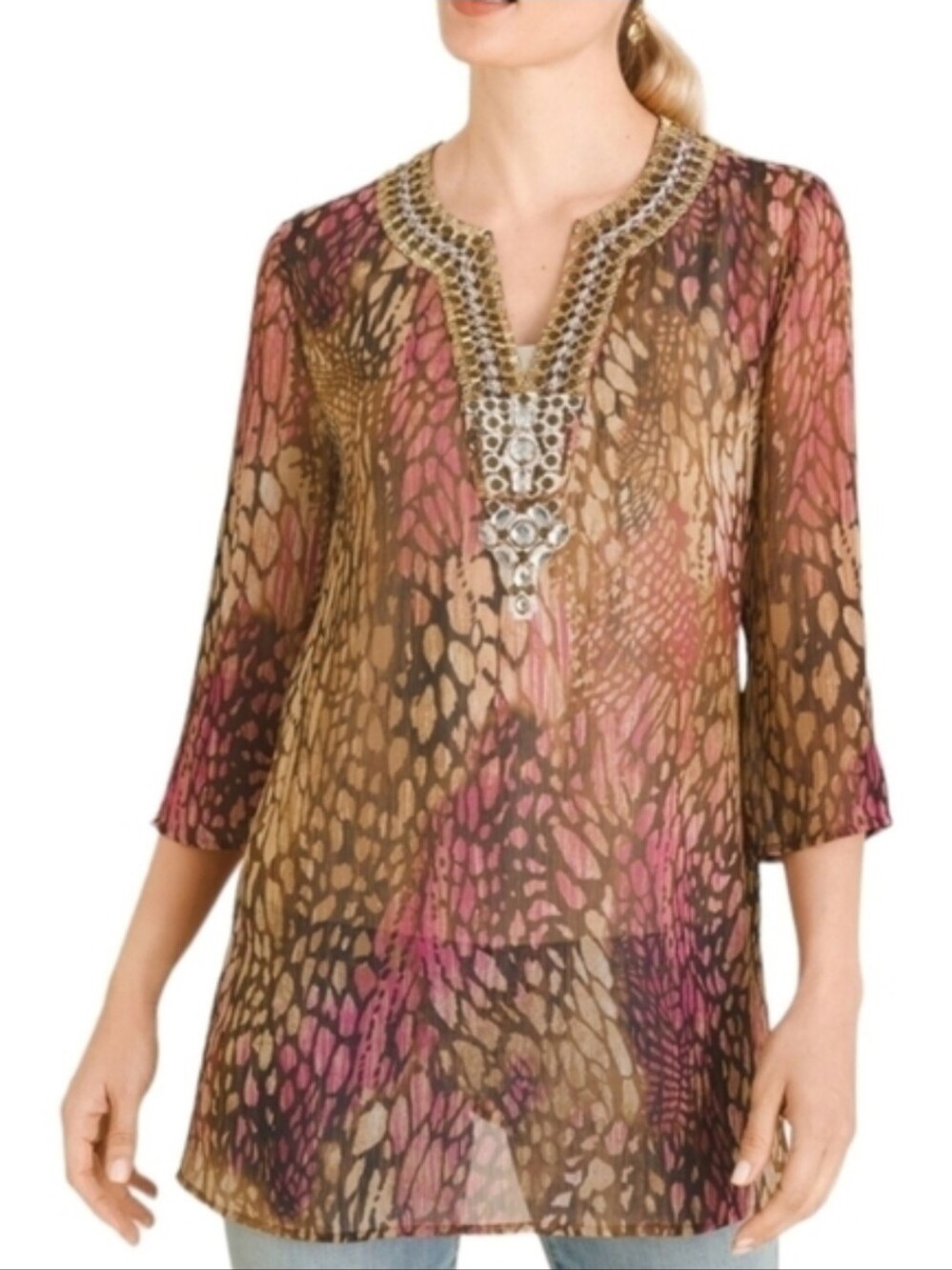Sheer silk Tunic neutral animal print v neck sequin embellished Tunic top Sz S